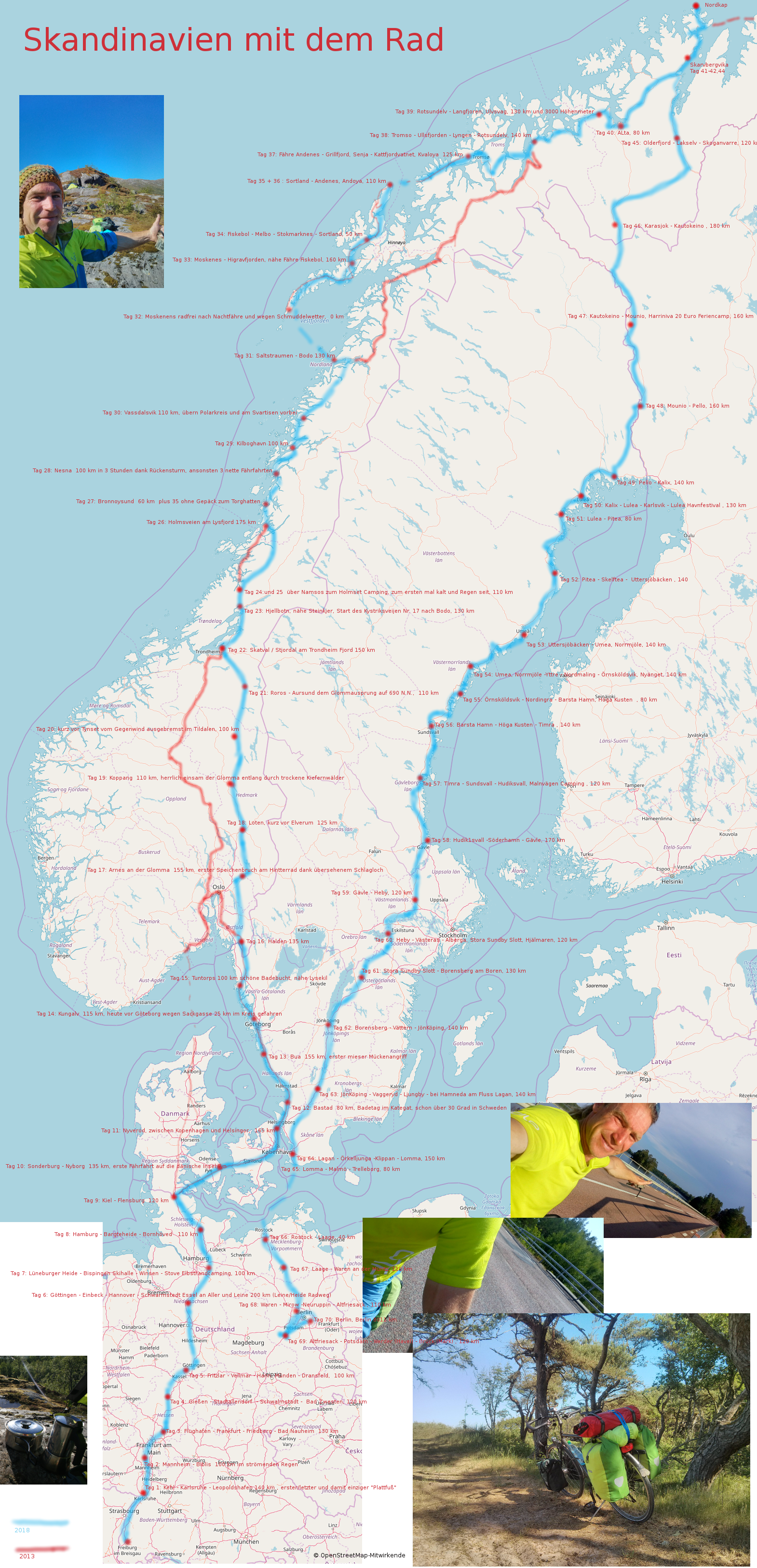 Reiseroute der 2018er Radtour ans Nordkapp, Andy Heidinger, mit links zu jedem einzelnem Tag 